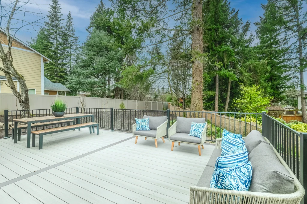 Backyard wood deck with built-in bench seating