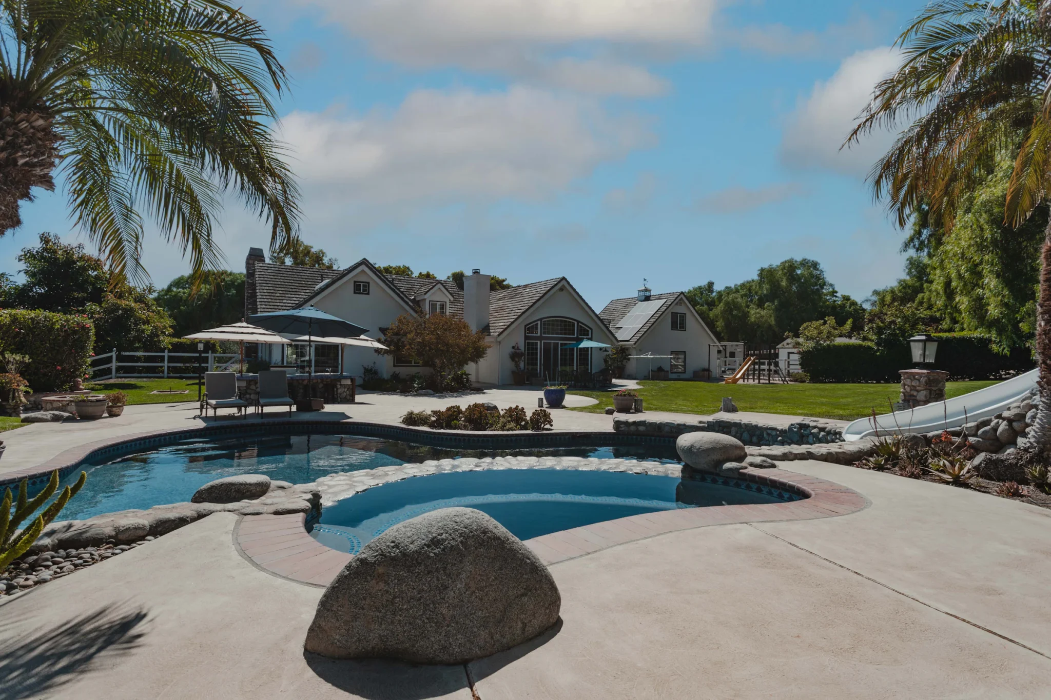 Southern California backyard with a pool, palms and landscaping