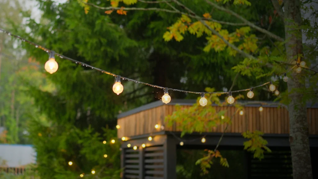 String lights glowing over a garden with a wood structure