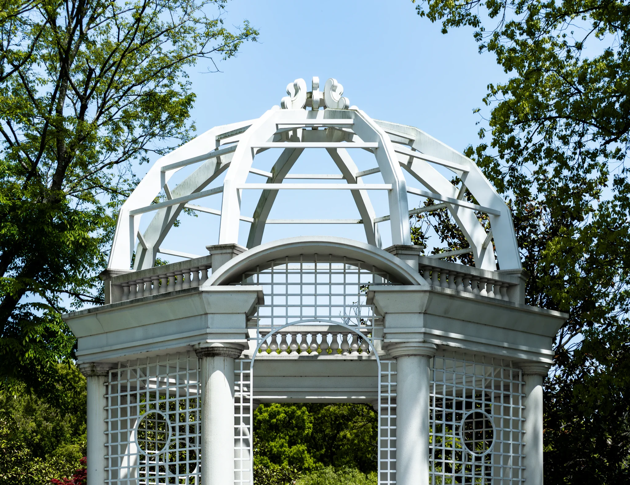 White garden gazebo with a glass roof surrounded by trees